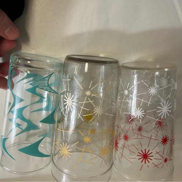 3 Vintage 50s 60s atomic drink glass Starburst Boomerang Teal Red Yellow MCM - Picture 8 of 16